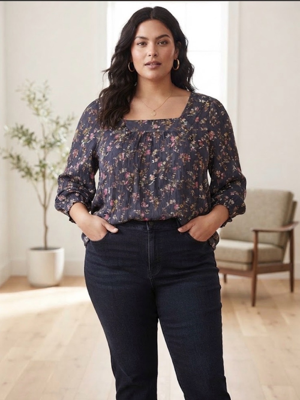 Floral Crinkle Square Neck Blouse Dark Academia Romantic Cottagecore 3X